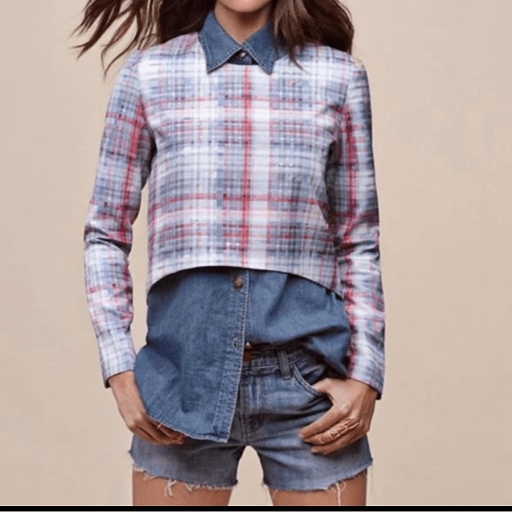 NICHOLAS K Plaid 100% Silk Cropped Long Sleeve Top - Size 4 / S